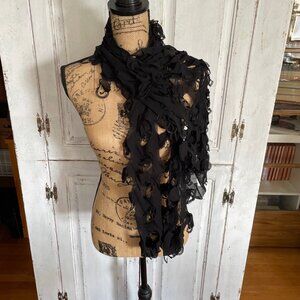 Women's Black Long Scarf w/ a Distressed/Shredded Circle Design